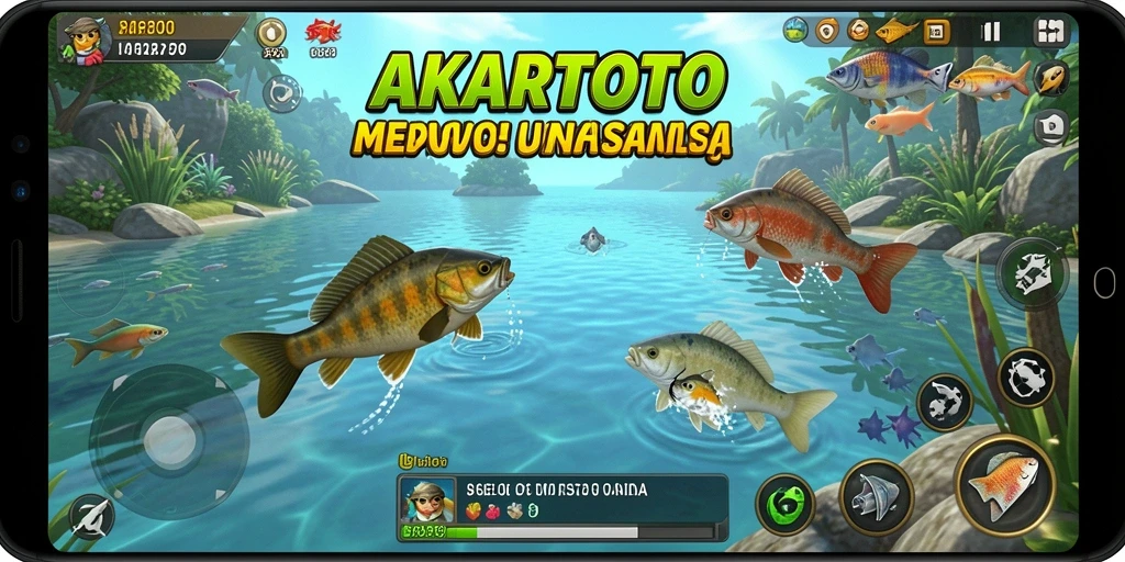 Tampilan gameplay menarik dari AKARTOTO dengan berbagai jenis ikan yang menunggu untuk ditangkap.