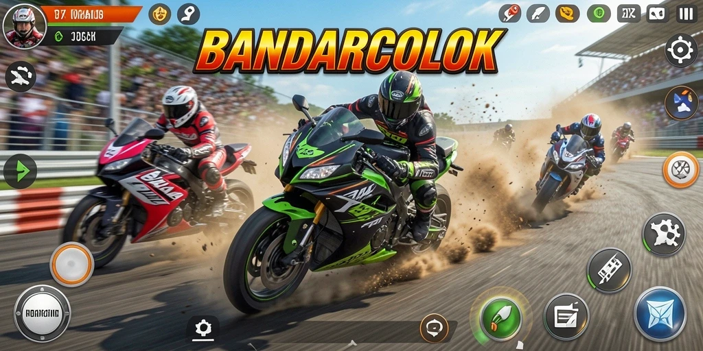 Screenshot gameplay BANDARCOLOK menampilkan balapan motor yang intens.