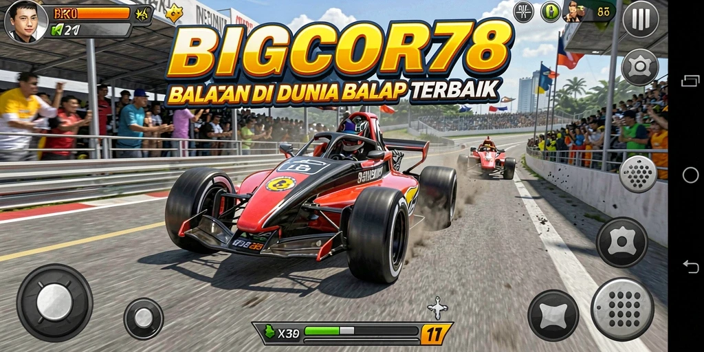 Screenshot utama BIGCOR78 menampilkan aksi balapan yang mendebarkan dengan grafik luar biasa.