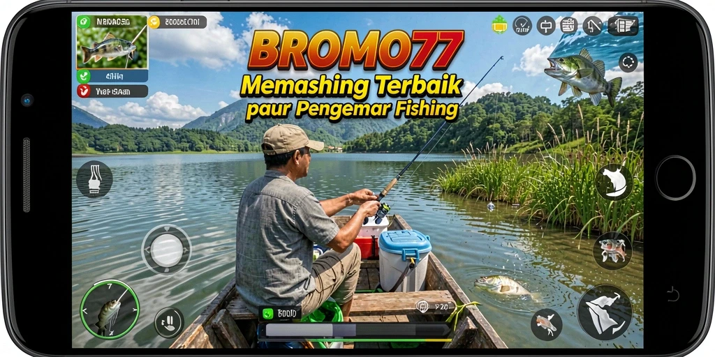 Cuplikan gameplay BROMO77 menampilkan keseruan memancing ikan di lokasi indah.