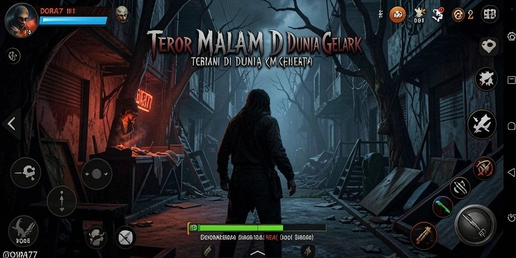 Tangkapan layar gameplay DORA77 yang menampilkan suasana horor yang mencekam.