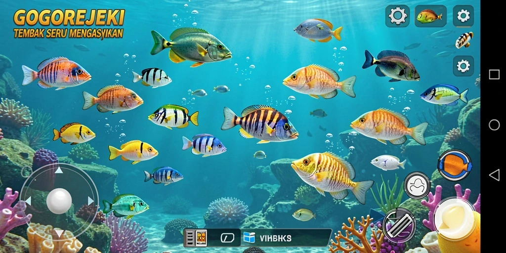 Tampilan gameplay GOGOREJEKI dengan aksi menembak ikan yang seru.