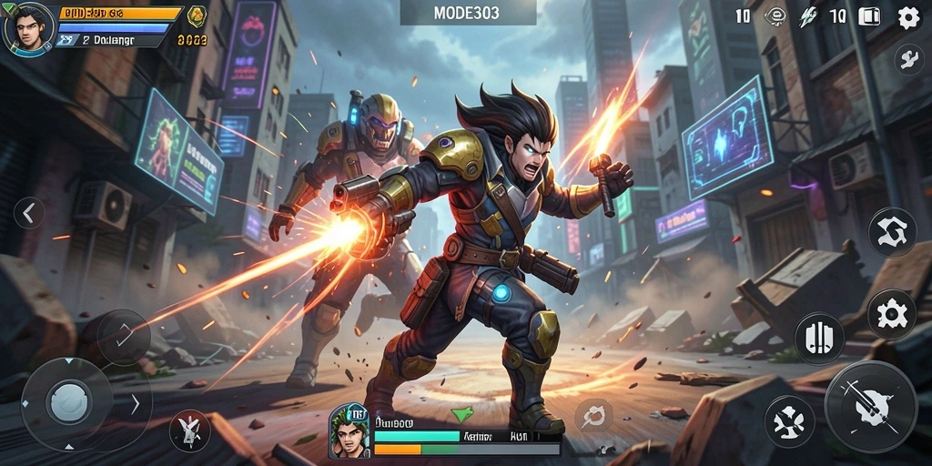 Screenshot menunjukkan aksi mendebarkan dalam gameplay MODE303.