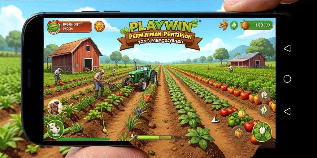 Tampilan gameplay PLAYWIN saat mengelola ladang pertanian yang luas.