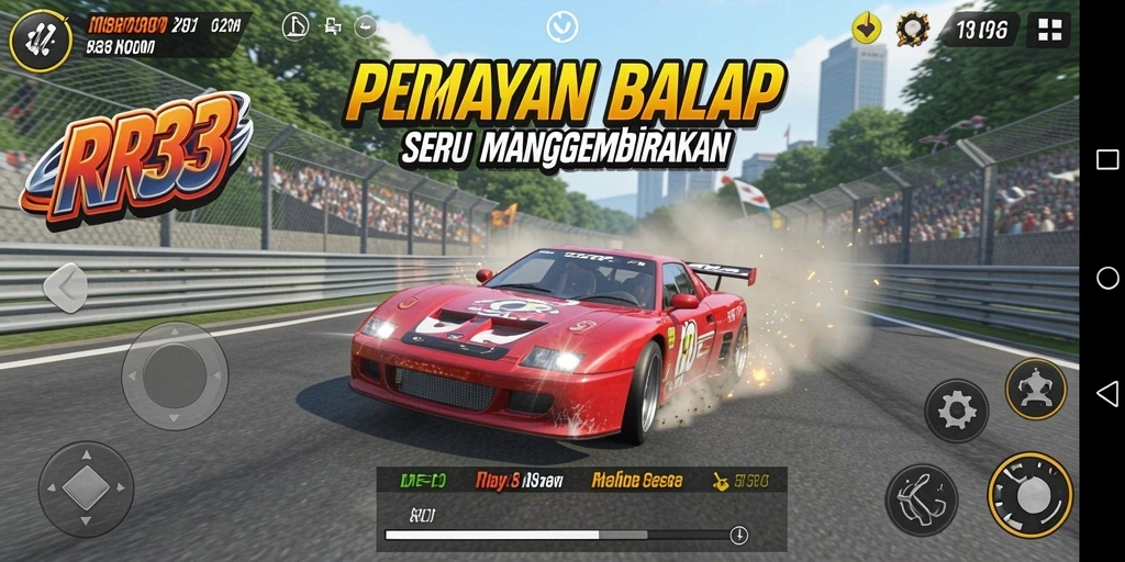 Screenshot gameplay RR33 menampilkan aksi balap yang mendebarkan dan grafis yang menawan.
