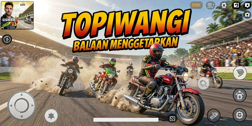Screenshot utama TOPIWANGI menampilkan aksi balapan motor yang seru.