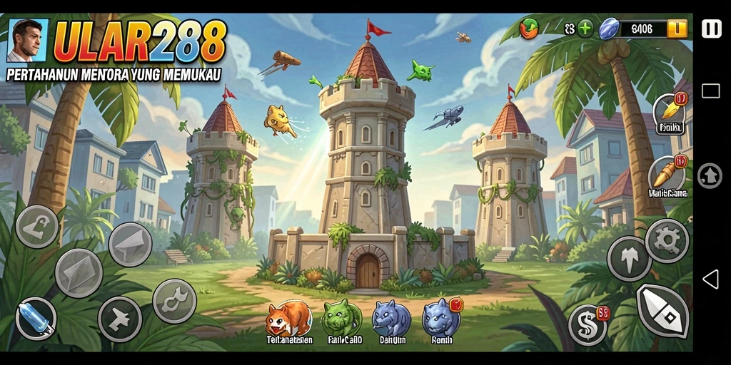 Tampilan gameplay ULAR288 menampilkan menara yang berfungsi melawan gelombang musuh.