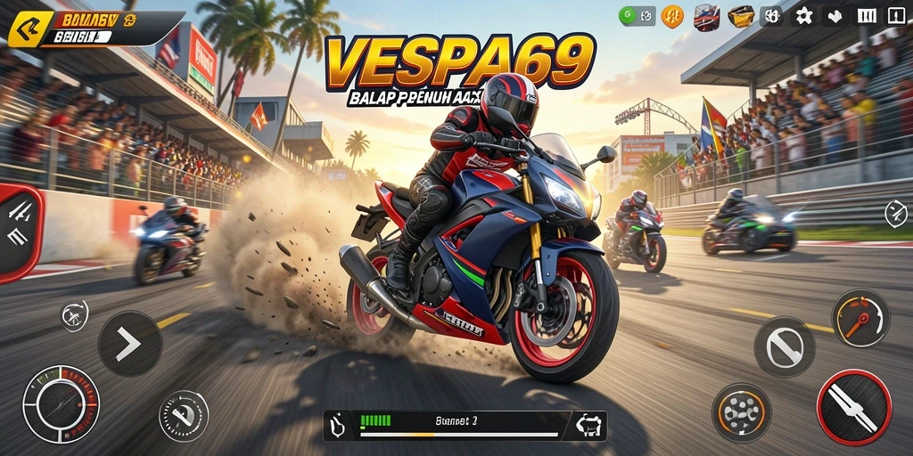 Screenshot gameplay VESPA69 yang menampilkan aksi balapan motor seru.