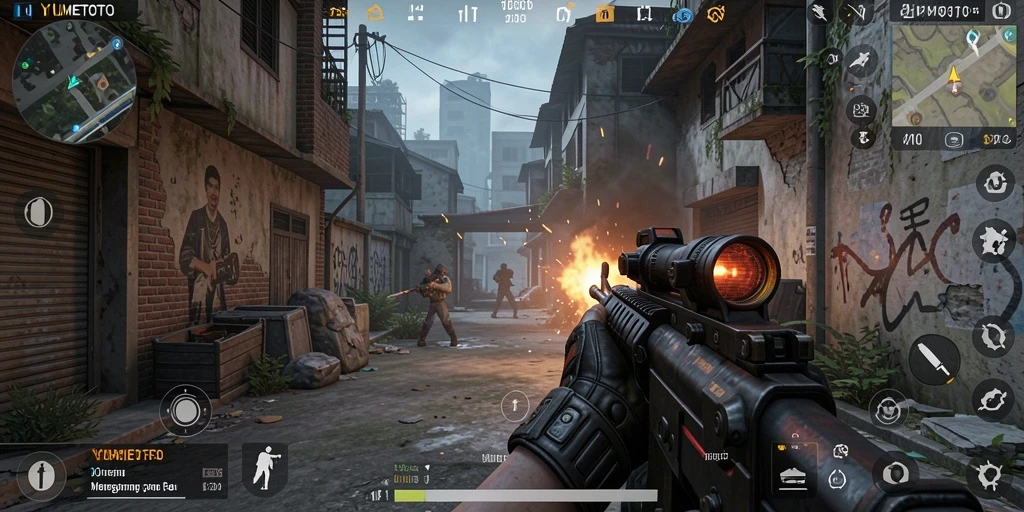 Screenshot YUMETOTO menunjukkan pertempuran FPS yang intens dan menegangkan.